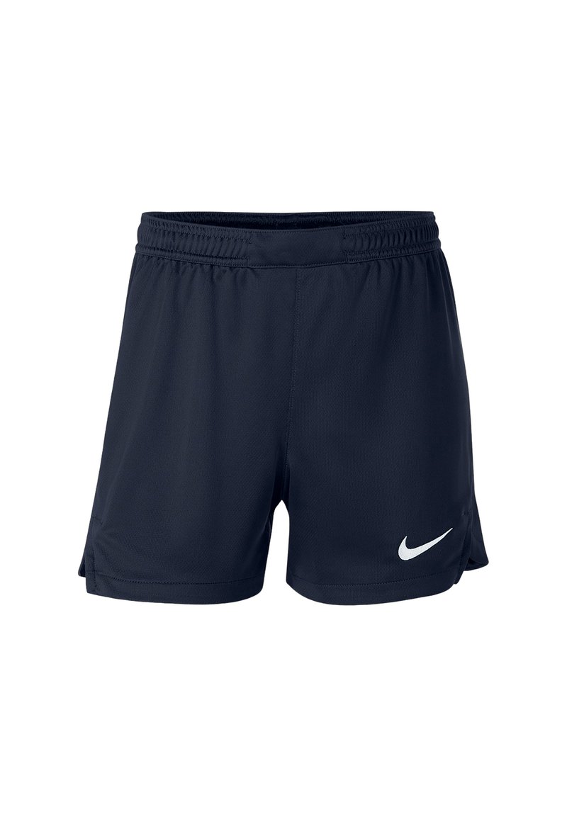 Marineblauwe sportshorts gemaakt van lichtgewicht stof, met een elastische tailleband en een wit Nike swoosh-logo aan de onderkant van de linkerzijde.