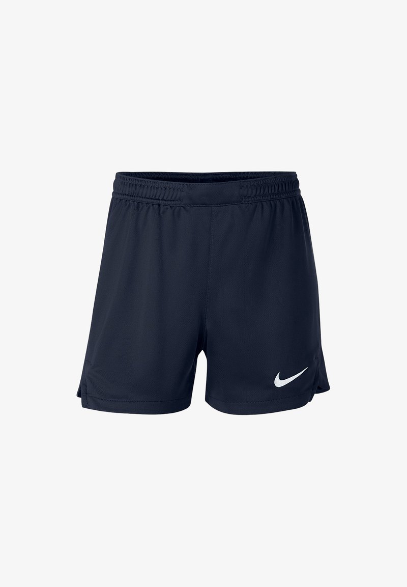 Marineblauwe sportshorts gemaakt van lichtgewicht stof, met een elastische tailleband en een wit Nike swoosh-logo aan de onderkant van de linkerzijde.