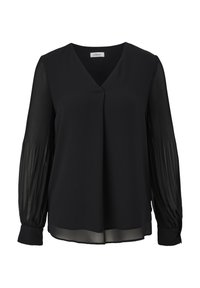 Blouse noire à manches longues avec col en V, manches transparentes plissées, poignets avec revers, coupe ample et petit détail de pli frontal.