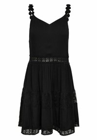 Robe noire sans manches avec un décolleté en V, en tissu texturé, bordure en dentelle décorative et jupe à volants ornée de motifs brodés et de bretelles à vagues.