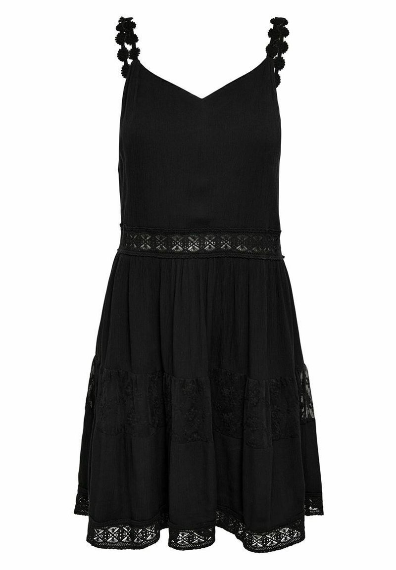 Robe noire sans manches avec un décolleté en V, en tissu texturé, bordure en dentelle décorative et jupe à volants ornée de motifs brodés et de bretelles à vagues.