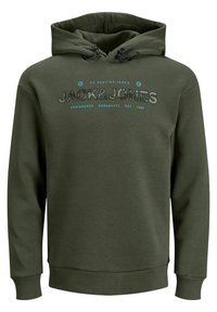 Sudadera verde oliva hecha de una tela suave, con un gráfico frontal que dice "JACK & JONES", capucha con cordón y puños y dobladillo acanalados.