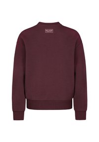 Burgundy long-sleeve crewneck sweatshirt with ribbed cuffs and hem, featuring a small rectangular label at upper back.