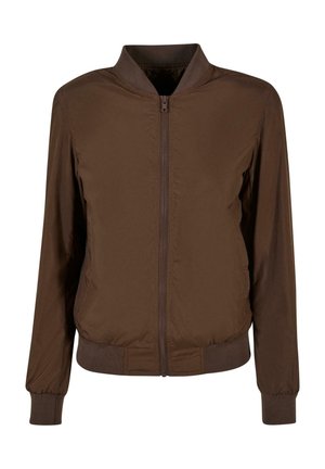 Braune Bomberjacke mit Reißverschluss, gerippten Bündchen und Saum. Hergestellt aus glattem, leichtem Stoff mit seitlichen Taschen.