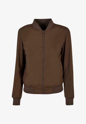 Brązowa kurtka bomberka z zamkiem z przodu, ściągaczami przy mankietach i dole. Wykonana z gładkiego, lekkiego materiału z bocznymi kieszeniami.