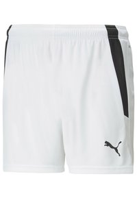 Bela športna kratka hlača iz lahkega materiala, z črnimi stranskimi poudarki in črnim logotipom Puma na spodnjem levem robu.