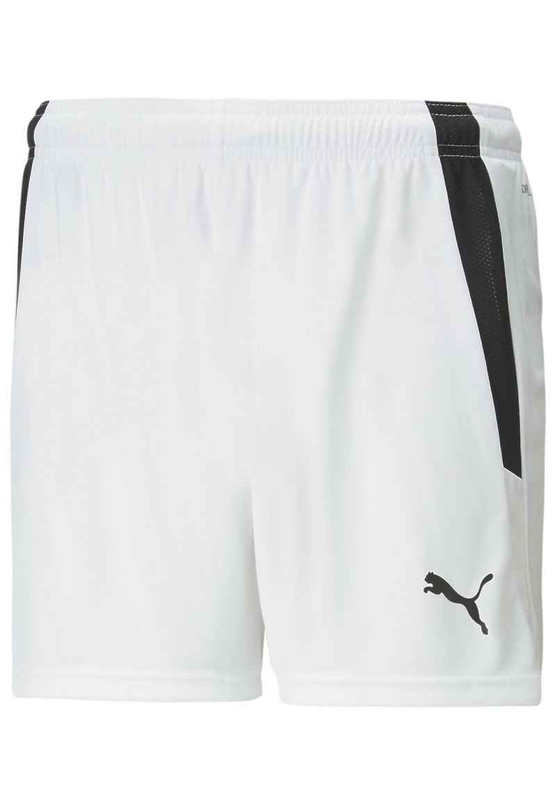 Bela športna kratka hlača iz lahkega materiala, z črnimi stranskimi poudarki in črnim logotipom Puma na spodnjem levem robu.
