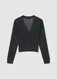 Schwarzer Strickcardigan mit Diamantmuster, V-Ausschnitt, langen Ärmeln und fünf Knöpfen an der Vorderseite. Gerippter Saum und Bündchen.