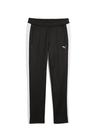 Czarne legginsy sportowe z białymi bocznymi panelami, elastycznym pasem i kieszeniami na zamek; logo Puma nadrukowane na lewym udzie.