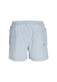 Lichtblauwe zwembaden met een elastische tailleband, zijzakken en een achterzak. Gemaakt van glad, lichtgewicht stof.