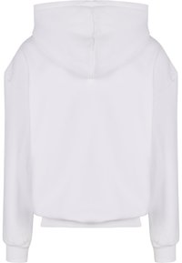 White hoodie with a kangaroo pocket, drawstring hood, ribbed cuffs, and hem. Soft, smooth fabric; casual, relaxed fit.