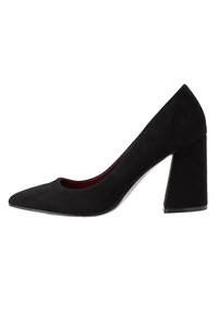 Black suede high-heeled pumps with a pointed toe, a rounded cutout on the vamp, and a wide block heel. Smooth texture and minimal detailing.