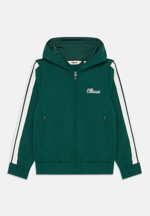 Grön zip-up huvajacka med vita och svarta ränder på ärmarna och "Ellesse"-logotyp på bröstet, med zippered sidfickor.