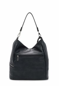Borsa hobo in pelle nera con un design morbido, dotata di manico superiore, accessori in argento e tasca esterna con zip.
