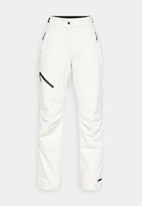 Hvite skibukser med rett snitt, glidelåslommer på siden og svarte hardware-detaljer. Laget av et glatt, slitesterkt stoff med en svak glans.