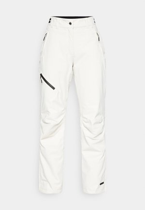 Pantalons de ski blancs à coupe droite, avec des poches latérales zippées et des accents en métal noir. Fabriqués dans un tissu lisse et durable avec un léger éclat.