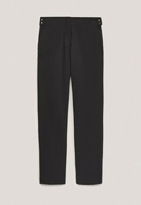 Zwarte broek met een rechte pijp, voorzien van voorzakken, decoratieve zijknopen en een gladde stofstructuur.