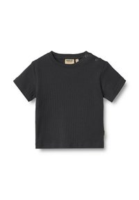 T-shirt à manches courtes rayé gris foncé avec un col rond et deux boutons pressions sur l'épaule gauche. La texture du tissu est lisse.