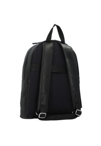 Black backpack featuring a smooth leather exterior and a padded mesh back, with adjustable straps and metal hardware accents.