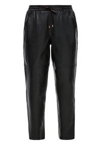 Pantalons en cuir noir avec une coupe décontractée, dotés d'une taille élastique, d'un cordon de serrage et de poches latérales. Texture lisse et design à jambe fuselée.