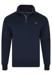 Felpa blu navy con zip realizzata in tessuto morbido, dotata di colletto alto e polsini a costine. Piccolo logo ricamato sul petto.