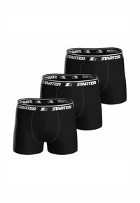Schwarze Boxershorts im Dreierpack, ausgestattet mit einem schwarzen Bund und weißem "STARTER"-Branding. Hergestellt aus dehnbarem, glattem Material.
