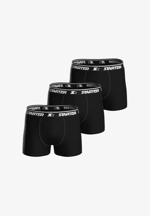Black boxer briefs in a three-pack, featuring a black waistband with white "STARTER" branding. Made of stretchy, smooth fabric.