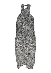 Schwarz-weißer Zebra-Print Halterneck-Wickelkleid mit drapiertem Stoff und gerafften Details vorne.