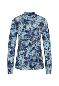 Langärmliges Oberteil im blauen Blumenmuster mit lila Nuancen und metallic Akzenten; aus leichtem, glattem Stoff gefertigt mit hohem Kragen.