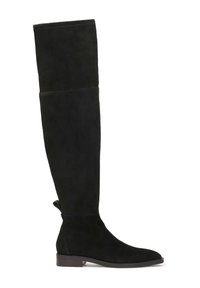 Botas negras de ante por encima de la rodilla con un tacón plano, textura suave y detalles mínimos de costura, con puntera redonda y tira en la parte trasera.