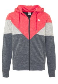 Röd och grå zip-up hoodie med huva, som har en V-formad färgblockdesign, texturerad tygt och kontrasterande dragsnören.