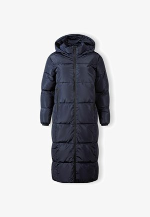 Dolga mornarsko modra puhodna jakna s kapuco, z zadrgo spredaj, sklepano zasnovo in elastičnimi manšetami. Gladka, sijoča tkanina z ohlapnim krojem.