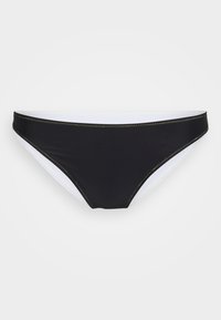 Crni bikini donji dio s bijelim unutarnjim dijelom. Ima kontrastne žute šavove duž rubova. Jednostavan, elegantan dizajn.