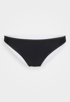 Svart bikini-bunn med hvit innside. Har kontrastfarget gul søm langs kantene. Enkel, strømlinjeformet design.