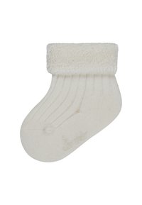 White ribbed sock with a fuzzy cuff, featuring soft texture and a rounded toe. The surface shows a slight sheen and minimal markings.