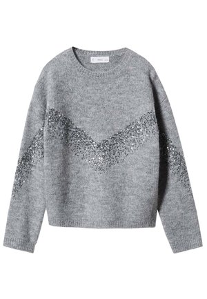 Pull gris en maille avec col rond, manches longues et un motif en V de sequins argentés sur la poitrine et les manches.