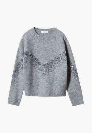 Grauer Strickpullover mit Rundhalsausschnitt, langen Ärmeln und einem V-förmigen Muster aus silbernen Pailletten über Brust und Ärmeln.