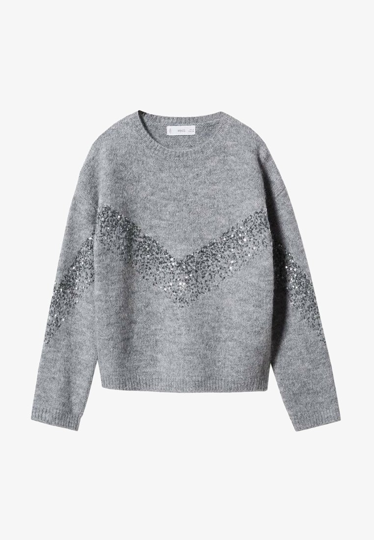 Pull gris en maille avec col rond, manches longues et un motif en V de sequins argentés sur la poitrine et les manches.