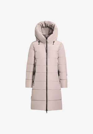 Vaaleanharmaa eristetty takki, jossa on suuri huppu, vaakasuora tikkaukset, etuvetoketju ja sivutaskut mustilla yksityiskohdilla.