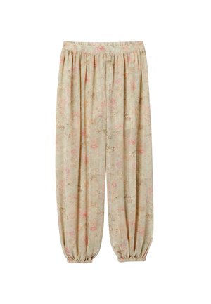 Pantalon beige ample avec motif floral rose, taille élastiquée et bas élastiques froncés aux chevilles.