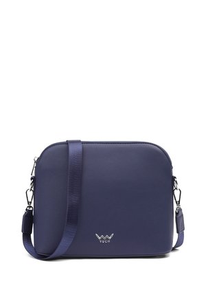 Navy crossbody bag made of synthetic material with a smooth texture. Features a zip closure and adjustable strap, with a logo accent.