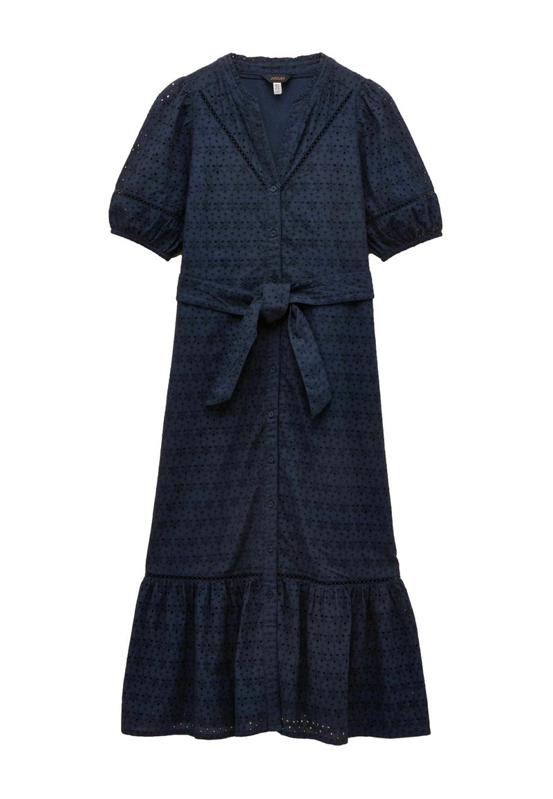 Robe midi bleu marine avec manches courtes bouffantes, boutonnée sur le devant, ceinture à nouer à la taille, tissu à œillets et ourlet volanté.