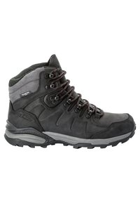 Dunkelgrauer Wanderschuh aus Leder und synthetischen Materialien. Verfügt über einen hohen Schaft, eine strukturierte Oberfläche, robuste Schnürsenkel und eine rutschfeste Laufsohle.