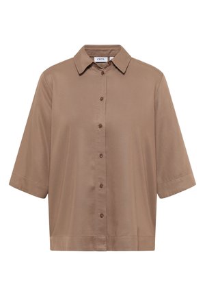 Bruine korte mouwen shirt met een puntkraag, knoopsluiting aan de voorkant en een gladde textuur. Heeft een relaxte pasvorm en een subtiele glans.