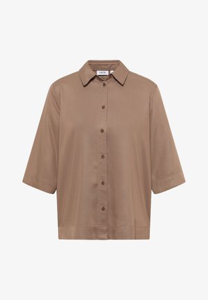 Ruskea lyhythihainen paita, jossa on terävä kaulus, napitettu etuosa ja sileä rakenne. Ominaisuuksiin kuuluu rento istuvuus ja hienovarainen kiilto.