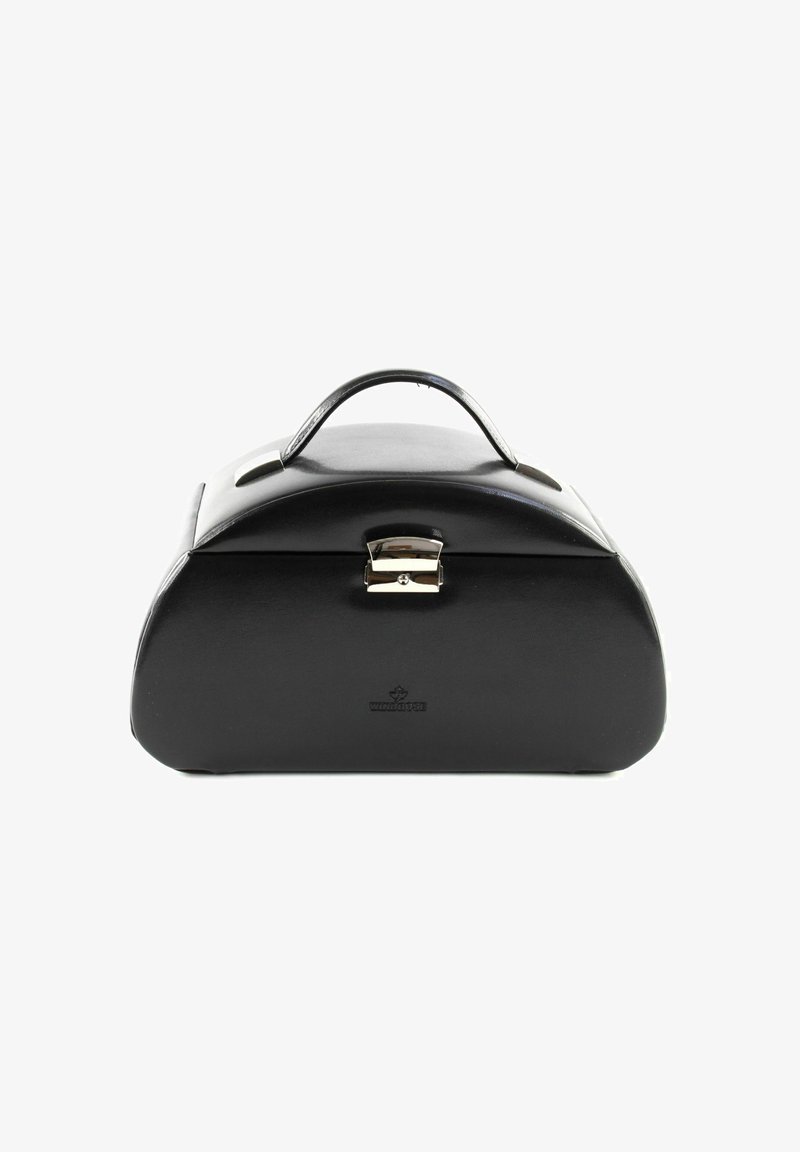 Black leather handbag with a rounded shape, silver hardware, top handle, and a distinctive clasp. Textured surface with branding.