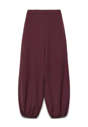 Weite, knöchellange bordeauxfarbene Hose mit elastischen Bündchen und einem glatten Bund, auf weißem Hintergrund gezeigt.