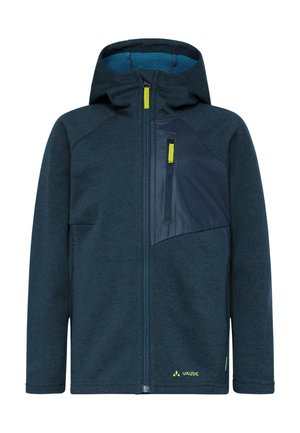 Donkerblauwe kinderjas met capuchon, voorrits, borstzak en limegroene ritstrekker en logo.