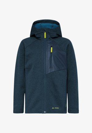 Donkerblauwe kinderjas met capuchon, voorrits, borstzak en limegroene ritstrekker en logo.