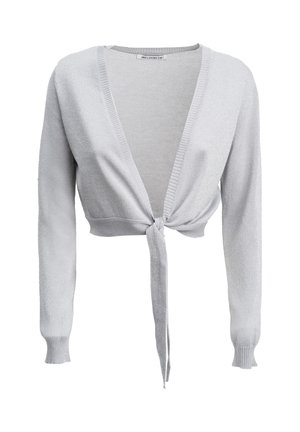 Hellgraue, kurze Strickjacke mit langen Ärmeln und einer vorderen Knotenschleife, mit einem gerippten Ausschnitt und Bündchen.